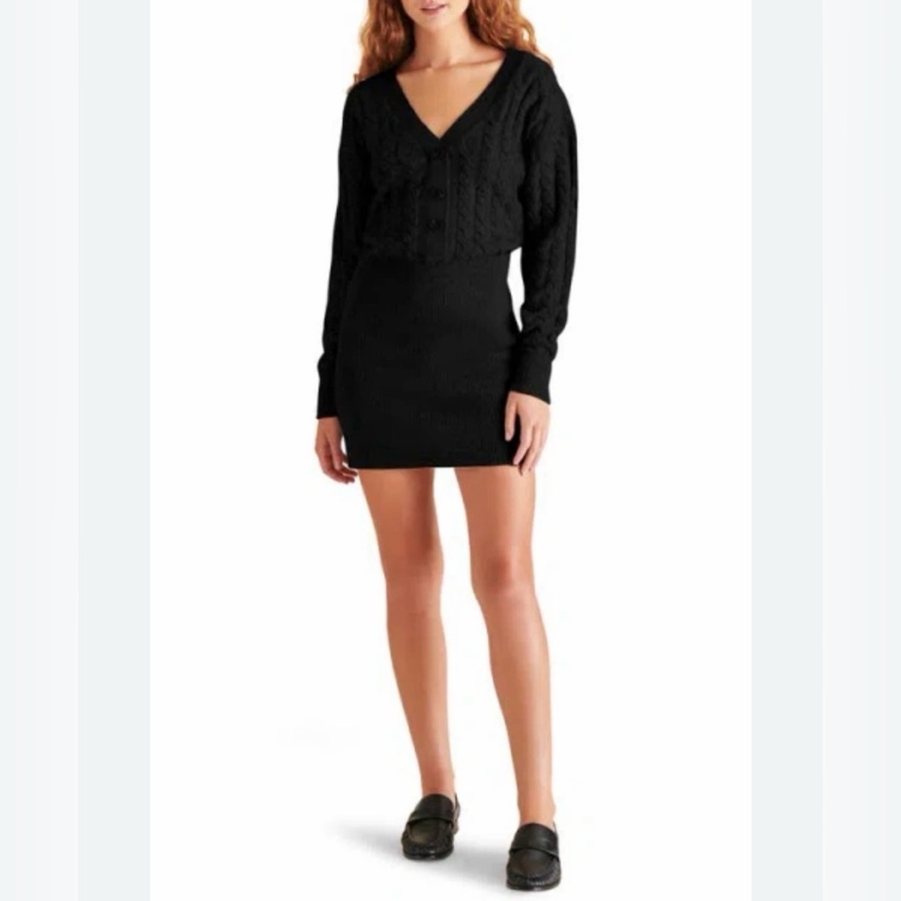 Steve Madden Women’s Luciana Mixed Stitch Long Sleeve V-Neck Cozy Sweater Dress